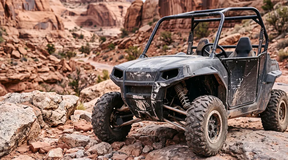 Side-by-side on a rocky canyon trail with gouged, scraped lower panels and faded plastics