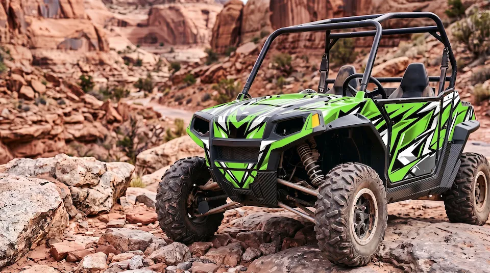 After: the same side-by-side in fresh green, black and white graphics, with carbon-fiber print on the lower panels