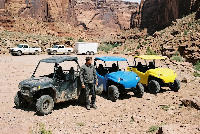 Rider holding a helmet beside a faded, muddy side-by-side, looking over at two newer machines at a canyon staging area