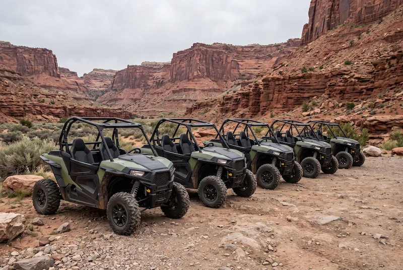 Five identical side-by-sides in the same stock green and black parked in a row in a canyon